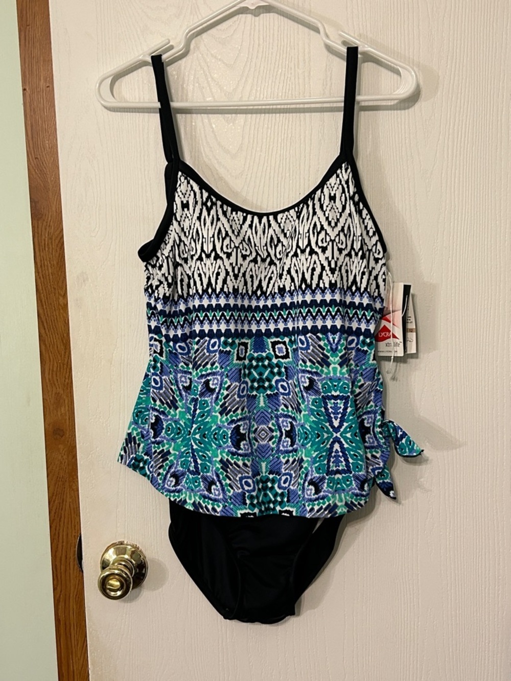 Maxine of Hollywood Black, Teal & Blue Patterned Faux Tankini Size 12 NWT